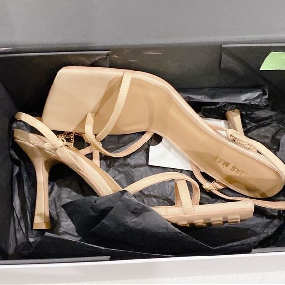 Revolve Alias Mae Leather Strappy Chain Levi Sandal Heels Beige Size 38 US8 - Picture 6 of 12